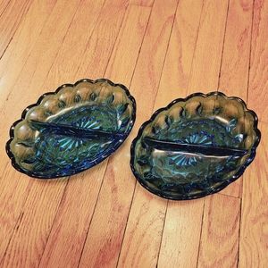 Set of 2 Blue Indiana Blue Glass Scalloped Divided Dishes, Anchor Hocking lovely